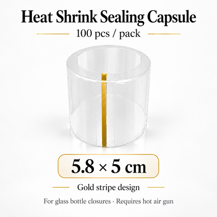 Heat Shrink Sealing Capsules for Glass Bottles — 100pcs, Gold Stripe, 12 Sizes