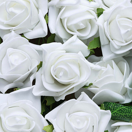 AliKopy 24 White Foam Roses - Realistic Look with Stem Wire & Leaves