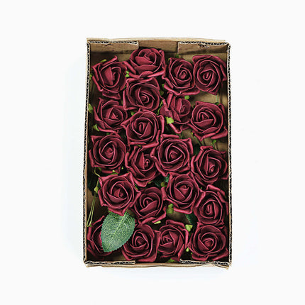 AliKopy 24 Burgundy Foam Roses with Wire Stem and Leaves - Realistic D