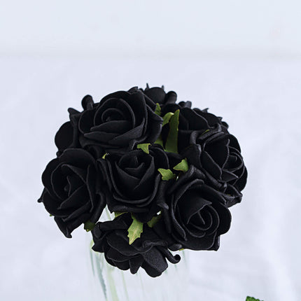 AliKopy 24 Black Foam Roses - 2" Flowers with Wire Stem & Leaves