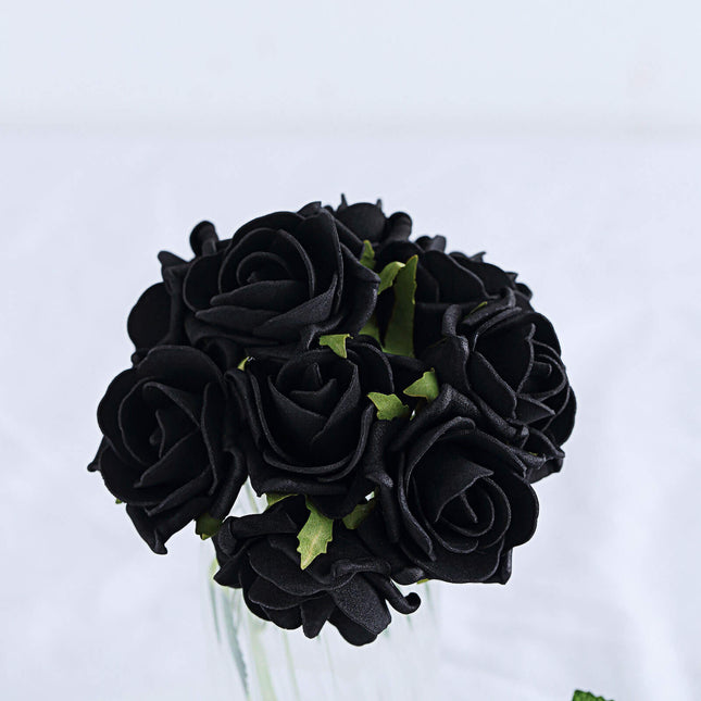 AliKopy 24 Black Foam Roses - 2" Flowers with Wire Stem & Leaves