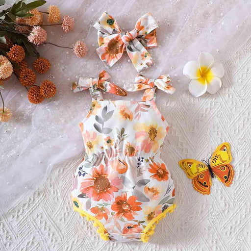 Floral Print Bow Accent Baby Romper