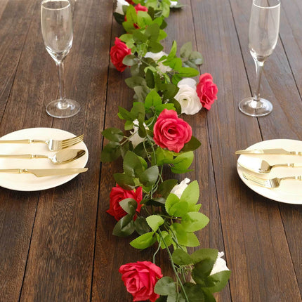 AliKopy 2 Pack 7ft Red Ivory Mini Rose Silk Flower Garland, 26 Flower