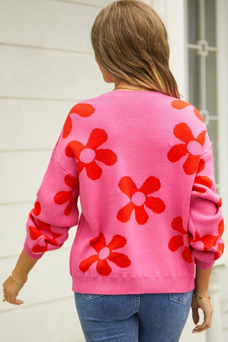 Cozy Floral Print Drop Shoulder Knit Sweater