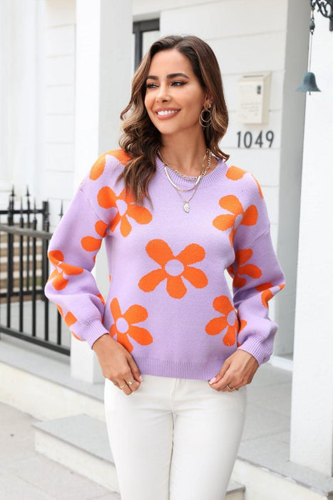 Cozy Floral Print Drop Shoulder Knit Sweater