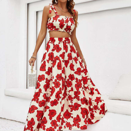 Tropical Floral Two-Piece Vacation Ensemble with Tie-Front Top and Flowing Maxi Skirt