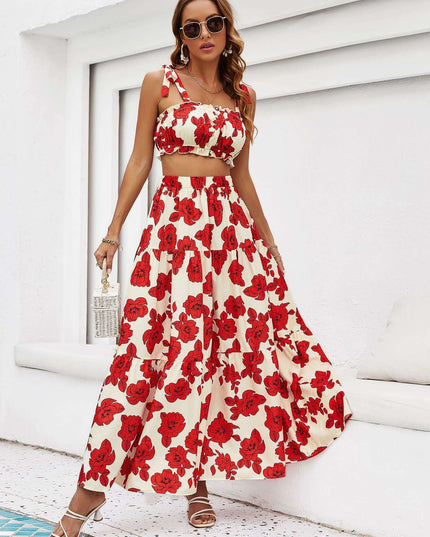 Tropical Floral Two-Piece Vacation Ensemble with Tie-Front Top and Flowing Maxi Skirt