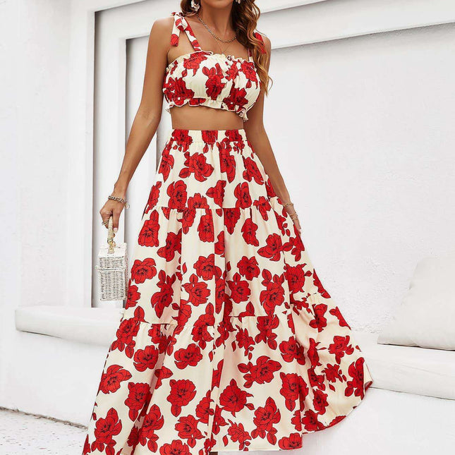 Tropical Floral Two-Piece Vacation Ensemble with Tie-Front Top and Flowing Maxi Skirt