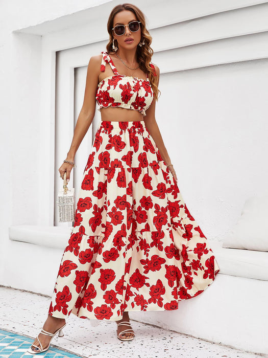Floral Vacation Set with Tie Shoulder Top and Tiered Maxi Skirt