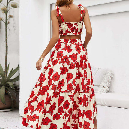 Tropical Floral Two-Piece Vacation Ensemble with Tie-Front Top and Flowing Maxi Skirt