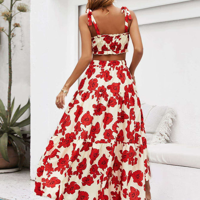Tropical Floral Two-Piece Vacation Ensemble with Tie-Front Top and Flowing Maxi Skirt