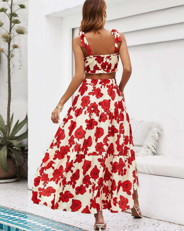 Tropical Floral Two-Piece Vacation Ensemble with Tie-Front Top and Flowing Maxi Skirt