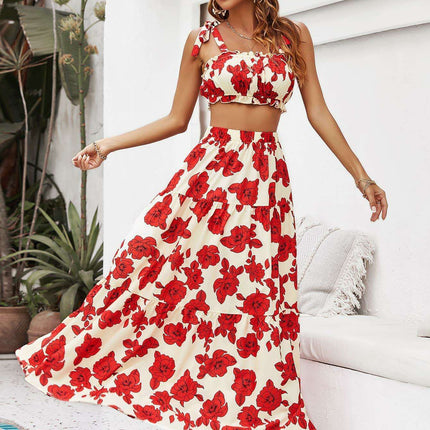 Tropical Floral Two-Piece Vacation Ensemble with Tie-Front Top and Flowing Maxi Skirt