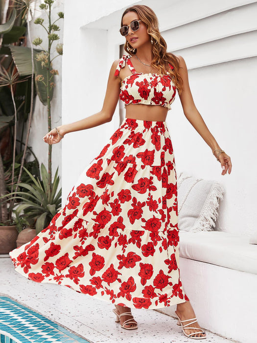 Floral Bliss Vacation Ensemble with Tie-Strap Top and Flowy Maxi Skirt