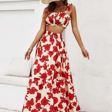 Tropical Floral Two-Piece Vacation Ensemble with Tie-Front Top and Flowing Maxi Skirt