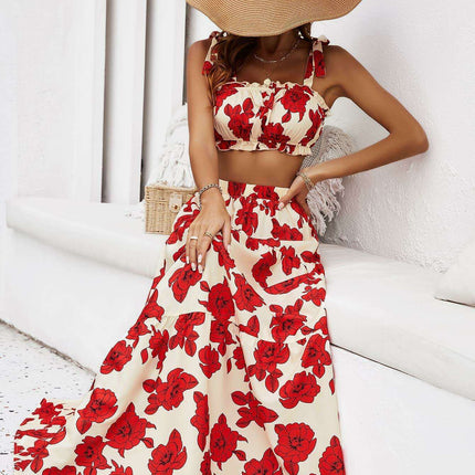 Tropical Floral Two-Piece Vacation Ensemble with Tie-Front Top and Flowing Maxi Skirt