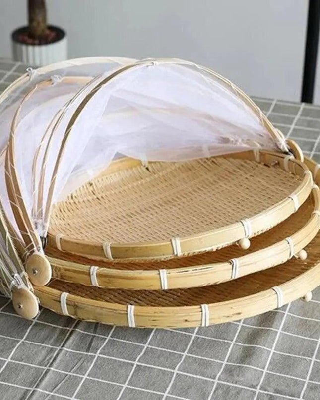 Sustainable Handcrafted Rattan Storage Basket with Protective Mesh Lid for Kitchen Use