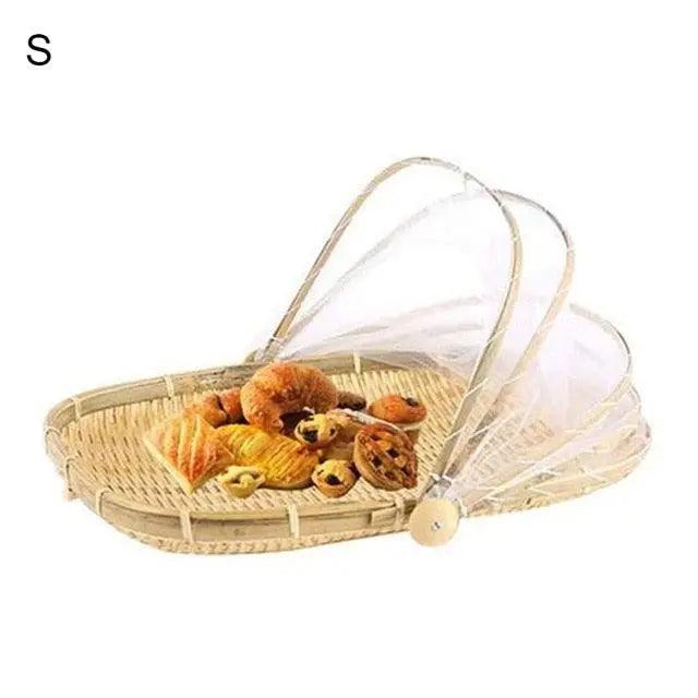 Rustic Handcrafted Rattan Food and Fruit Storage Container with Mesh Cover
