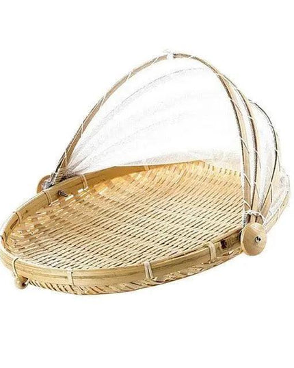 Sustainable Handcrafted Rattan Storage Basket with Protective Mesh Lid for Kitchen Use