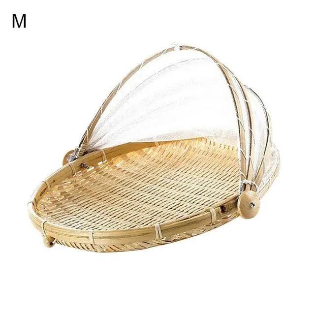 Rustic Handwoven Rattan Food and Fruit Storage Basket with Dust-Proof Mesh Cover