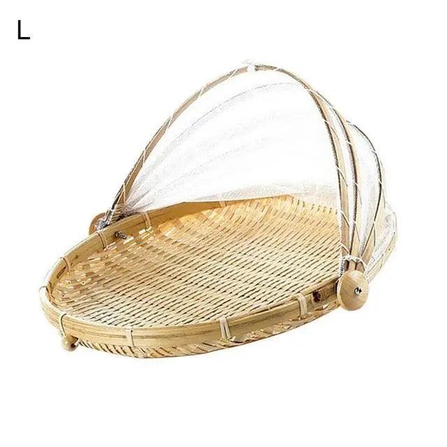 Rustic Handcrafted Rattan Food and Fruit Storage Container with Mesh Cover
