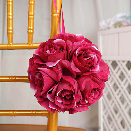 AliKopy 2 Pack 7" Fuchsia Silk Rose Kissing Ball - Elegant Floral Deco