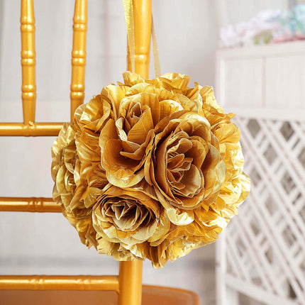 AliKopy 2 Pack 7" Gold Silk Rose Kissing Ball - Elegant Faux Flowers