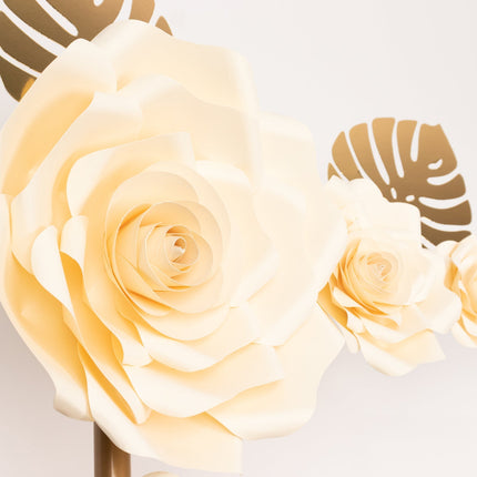 AliKopy Set of 9 Ivory 3D Rose Paper Flowers with Gold Leaves Decor