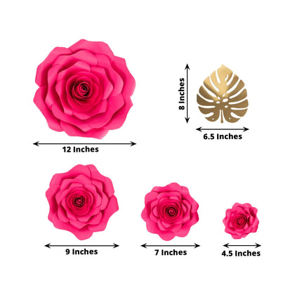 AliKopy Set of 9 Fuchsia 3D Rose Paper Flowers with Gold Leaves