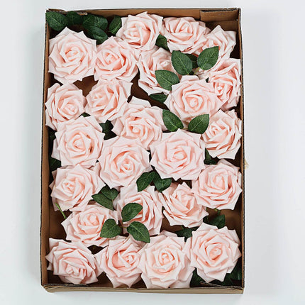 AliKopy 24 Blush Foam Roses - 5" with Stem Wire & Realistic Leaves