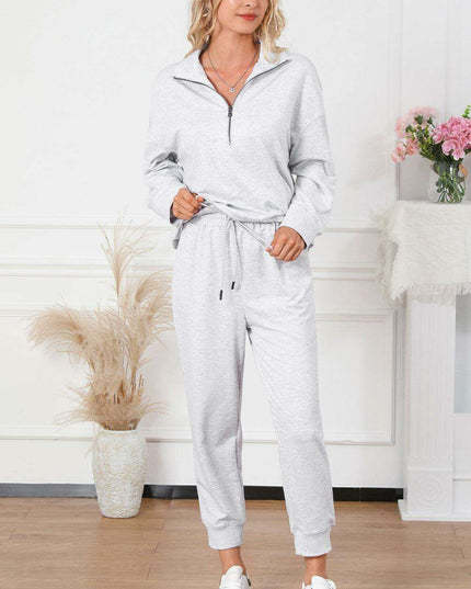 Trendy Gray Half-Zip Lounge Set with Stylish High-Waisted Pants