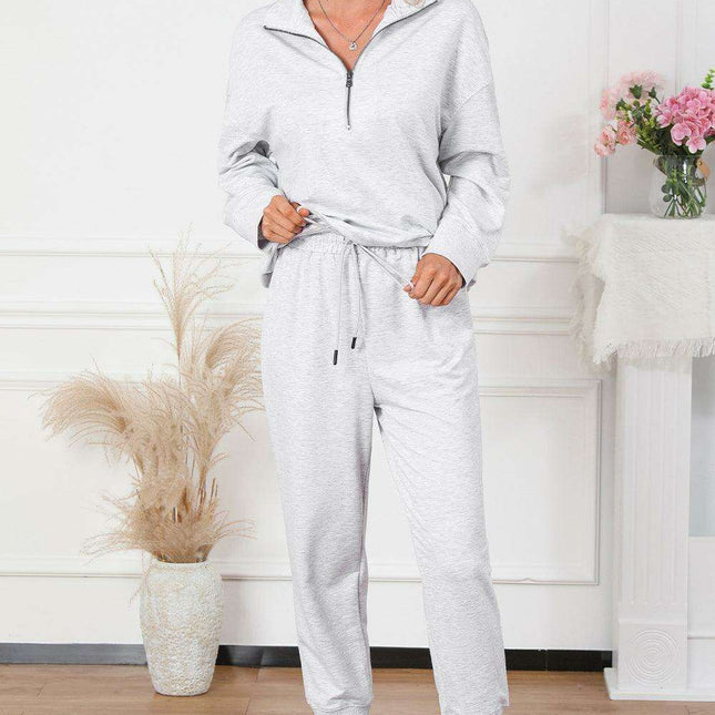 Trendy Gray Half-Zip Lounge Set with Stylish High-Waisted Pants