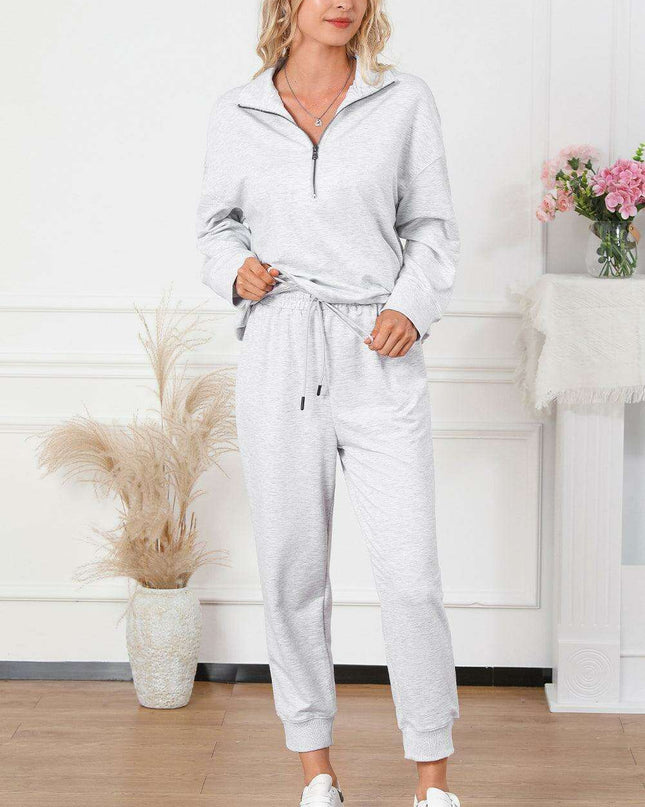 Trendy Gray Half-Zip Lounge Set with Stylish High-Waisted Pants