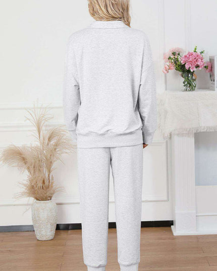 Trendy Gray Half-Zip Lounge Set with Stylish High-Waisted Pants