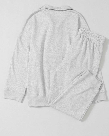 Trendy Gray Half-Zip Lounge Set with Stylish High-Waisted Pants