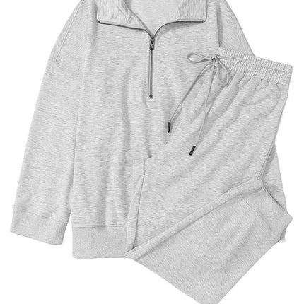 Trendy Gray Half-Zip Lounge Set with Stylish High-Waisted Pants