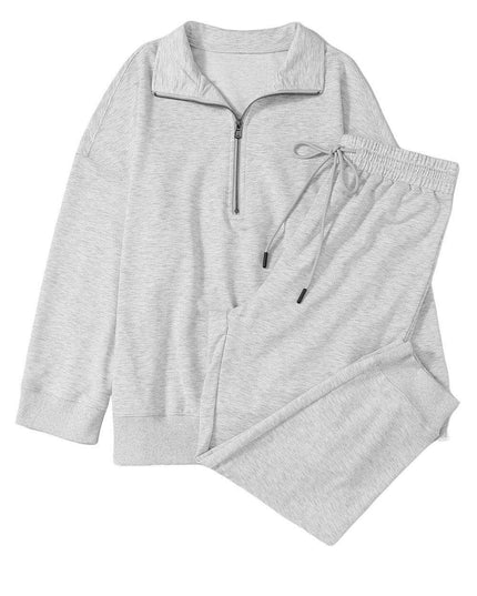 Trendy Gray Half-Zip Lounge Set with Stylish High-Waisted Pants