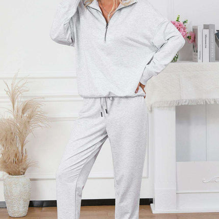 Trendy Gray Half-Zip Lounge Set with Stylish High-Waisted Pants
