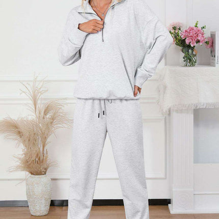 Trendy Gray Half-Zip Lounge Set with Stylish High-Waisted Pants