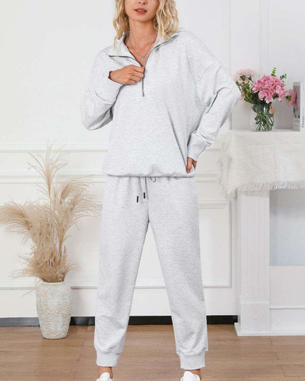 Trendy Gray Half-Zip Lounge Set with Stylish High-Waisted Pants