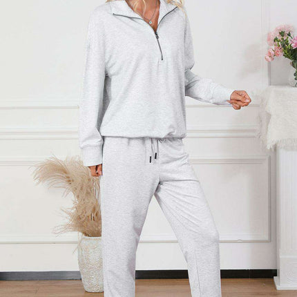Trendy Gray Half-Zip Lounge Set with Stylish High-Waisted Pants