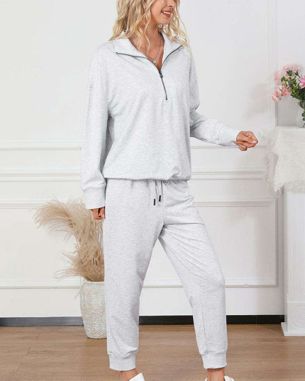 Trendy Gray Half-Zip Lounge Set with Stylish High-Waisted Pants