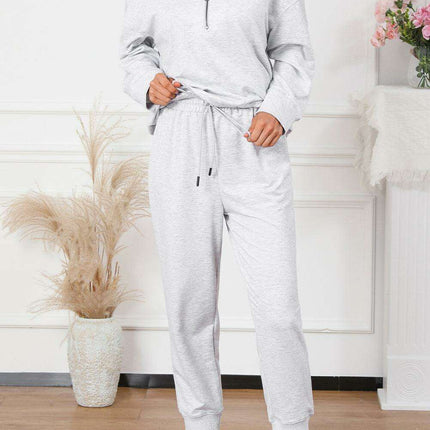 Trendy Gray Half-Zip Lounge Set with Stylish High-Waisted Pants