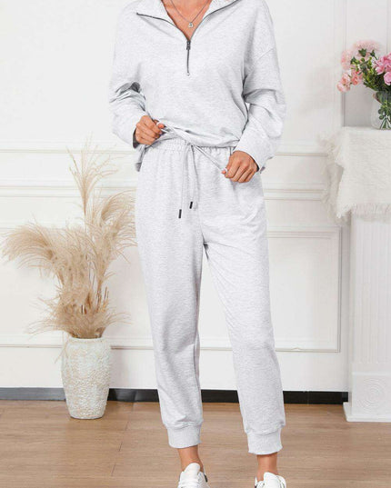 Trendy Gray Half-Zip Lounge Set with Stylish High-Waisted Pants