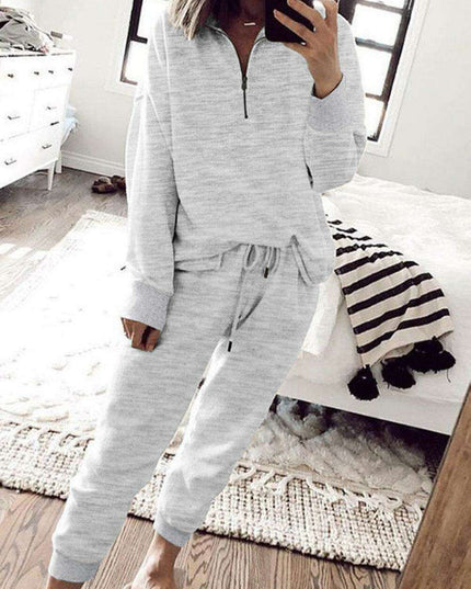 Trendy Gray Half-Zip Lounge Set with Stylish High-Waisted Pants