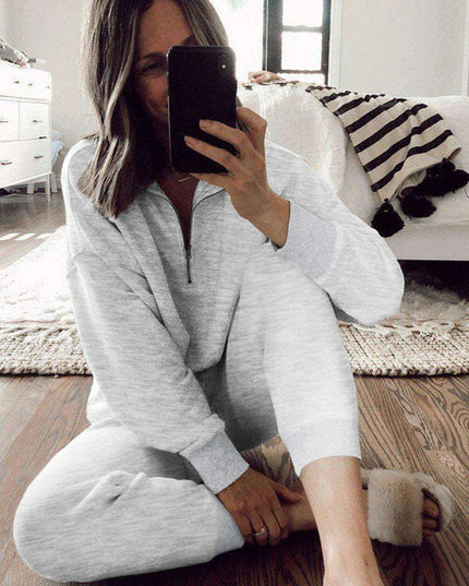 Trendy Gray Half-Zip Lounge Set with Stylish High-Waisted Pants