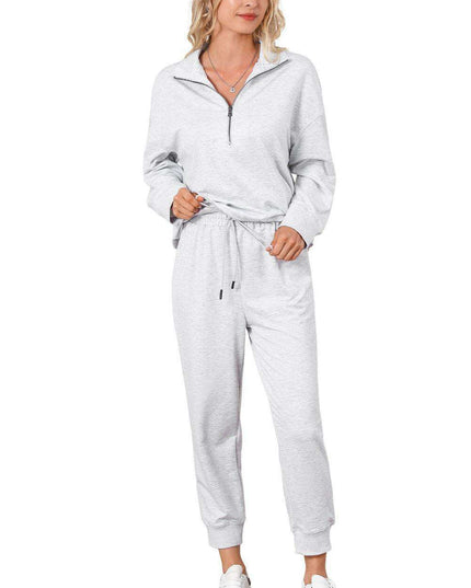 Trendy Gray Half-Zip Lounge Set with Stylish High-Waisted Pants