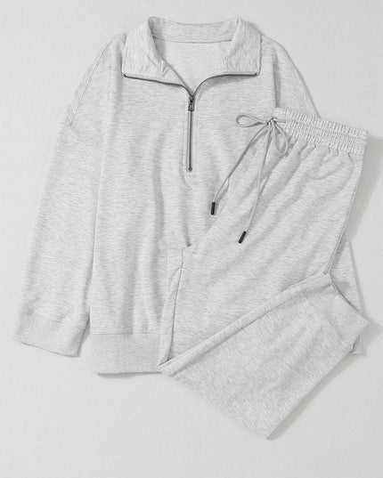 Trendy Gray Half-Zip Lounge Set with Stylish High-Waisted Pants
