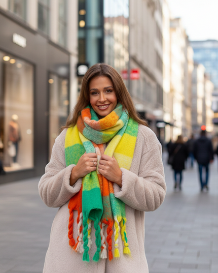 Cozy Colorful Plaid Shawl with Elegant Tassels