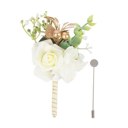 AliKopy 2 Pack White Silk Rose Boutonniere, Real Touch, Pin Included